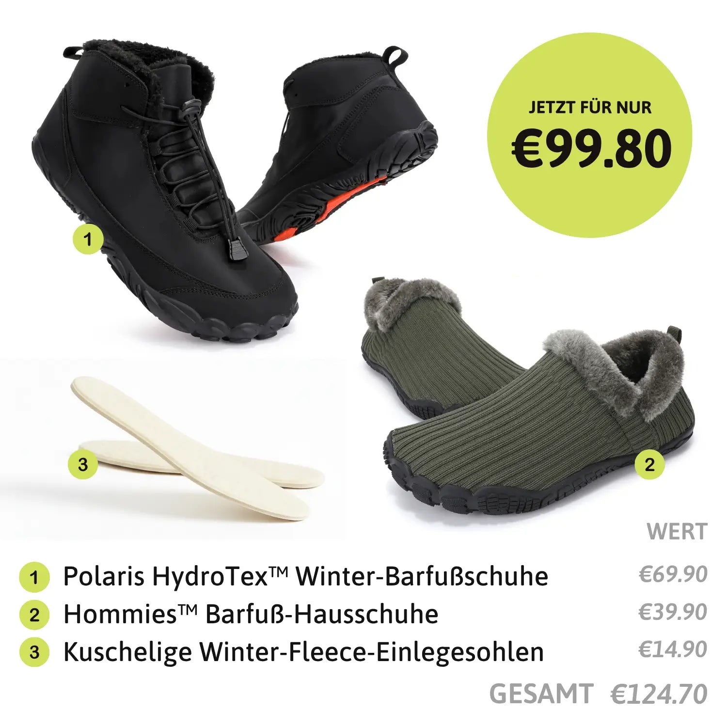 Polaris HydroTex™ & Hommies™ – 99,7 % wasserdicht & schneefest. Winter‑Barfußschuhe + Warme Barfuß-Hausschuhe mit Fleecefutter